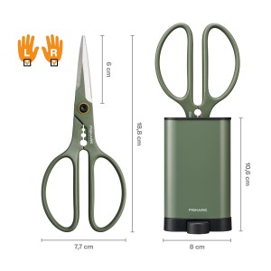 Cesoie da potatura Fiskars con supporto, manici verdi per destrorsi e mancini, lunghezza 17 cm.