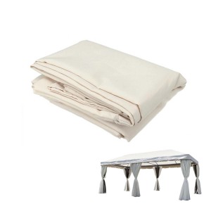 Copertura beige per gazebo e gazebo con tende per la protezione solare.