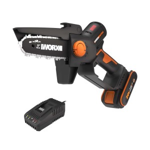 Motosega a una mano Worx Nitro WG325E con batteria e caricabatterie, ideale per potare e sfoltire.