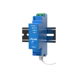 Modulo relè blu Shelly Pro 1 per domotica con connettività LAN, WLAN e Bluetooth.