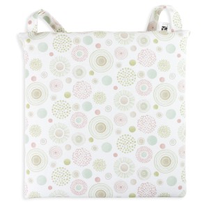 Cuscino t.b.t. con motivo a cerchi rosa, verdi e beige.