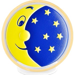 Luce notturna LED Luna e Stelle con faccia di luna gialla e stelle blu su base rotonda.