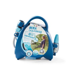 Avvolgitubo Aquabag blu con tubo e lancia, ideale per l'irrigazione del giardino.