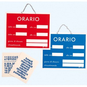 Cartelli "Orario" rossi e blu da appendere con accessori per la scrittura personalizzata.