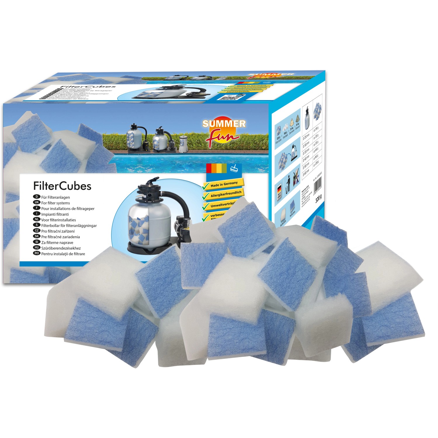 Summer Fun Filtercubes 320g per sistemi di filtraggio piscina, cubi in poliestere bianchi e blu.
