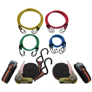 Set di cinghie LUX, 12 pezzi: Cinghie di fissaggio con ganci e fibbia a camma, elastici in vari colori e dimensioni.