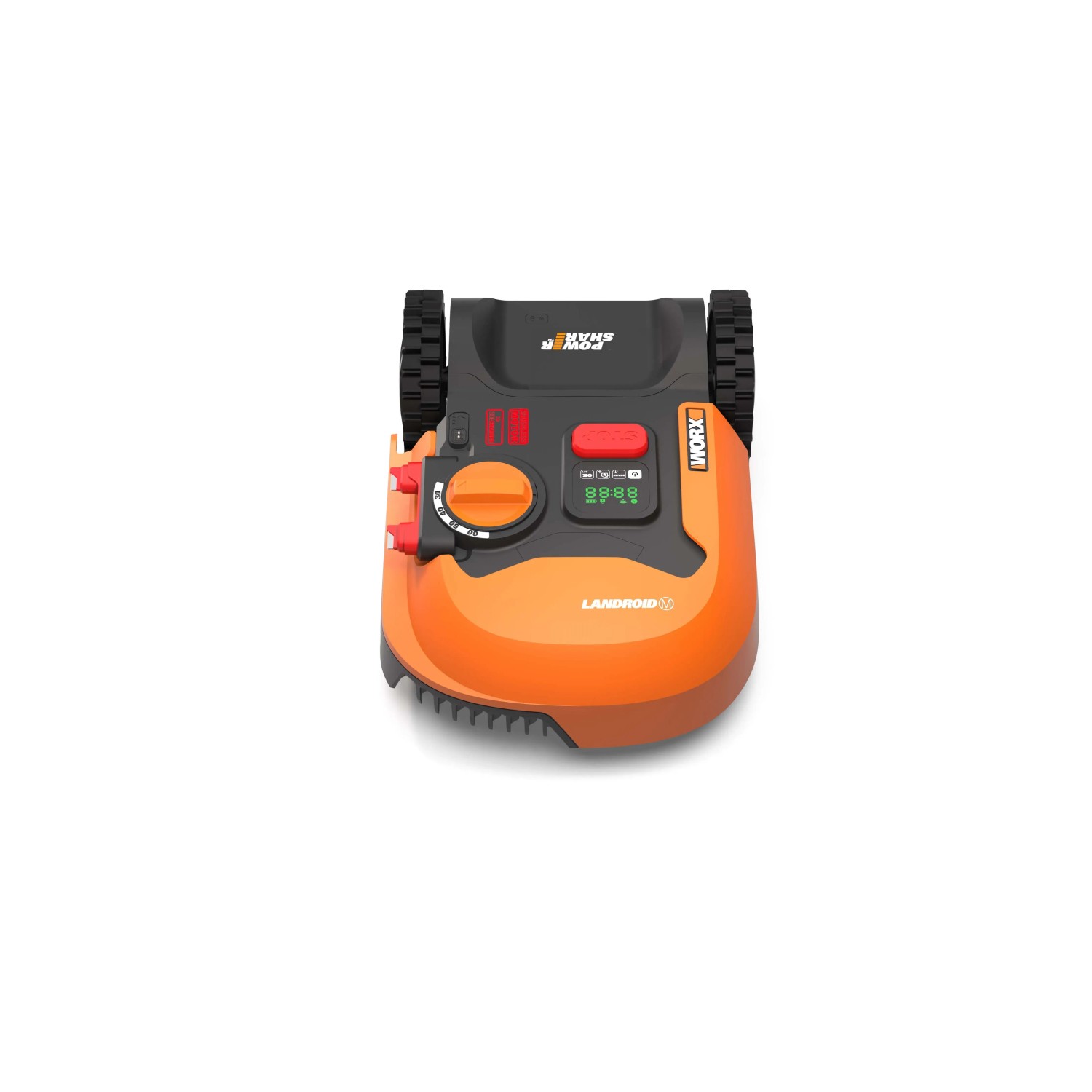 Robot tagliaerba Worx Landroid S250 WR168E, arancio-nero, vista dall'alto.