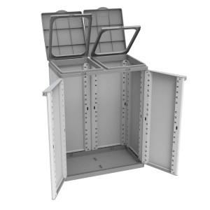 Mobile contenitore t.b.t. grigio aperto con due scomparti e ante.