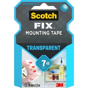 Nastro biadesivo trasparente Scotch-Fix, 19mm x 1,5m, portata fino a 7kg.