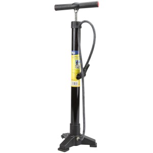 Pompa per bicicletta nera con manometro per riparazioni e manutenzione.