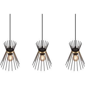 Lampada a sospensione Reality Rod, a 3 luci, nera e oro per la sala da pranzo.