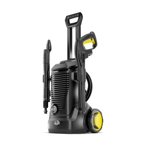 Idropulitrice nera con dettagli gialli e accessori.