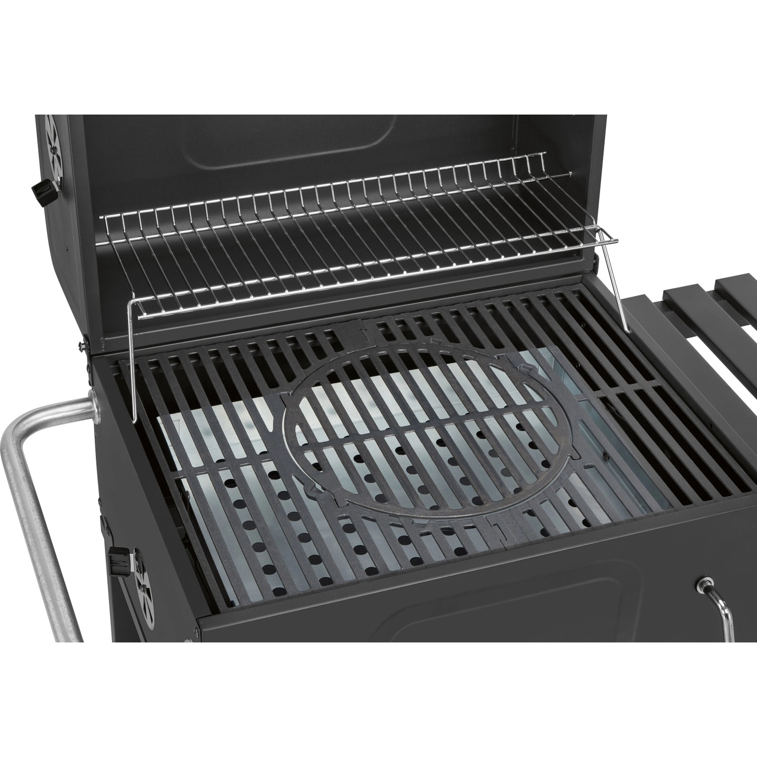 Grill a carbone Jamestown Jaxon grigio scuro, aperto, con griglia in ghisa, griglia scaldavivande e inserto modulare.