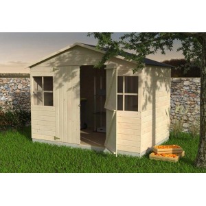 Casetta da giardino in legno chiaro Decor et Jardin Lopun con tetto a capanna, doppia porta aperta e due finestre.