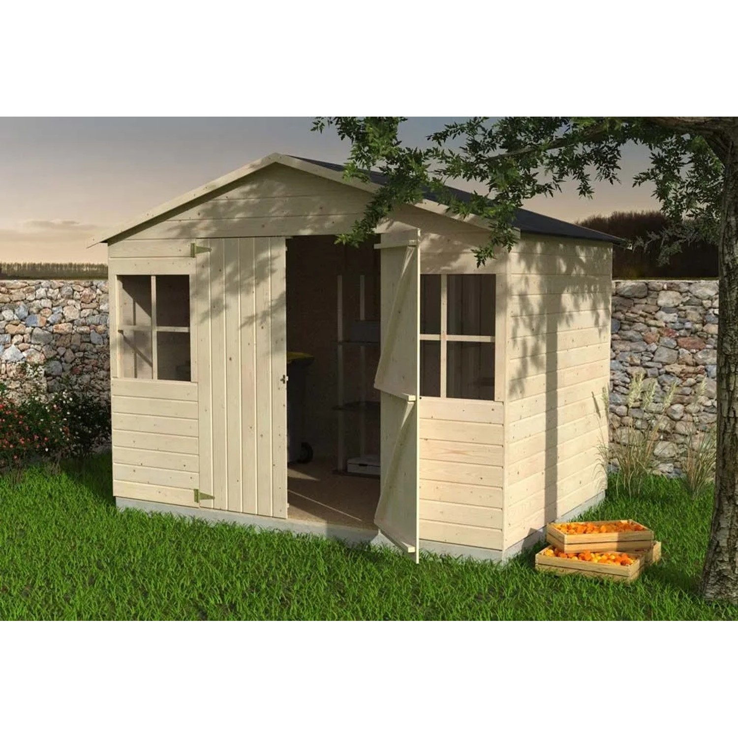 Casetta da giardino in legno chiaro Decor et Jardin Lopun con tetto a capanna, doppia porta aperta e due finestre.