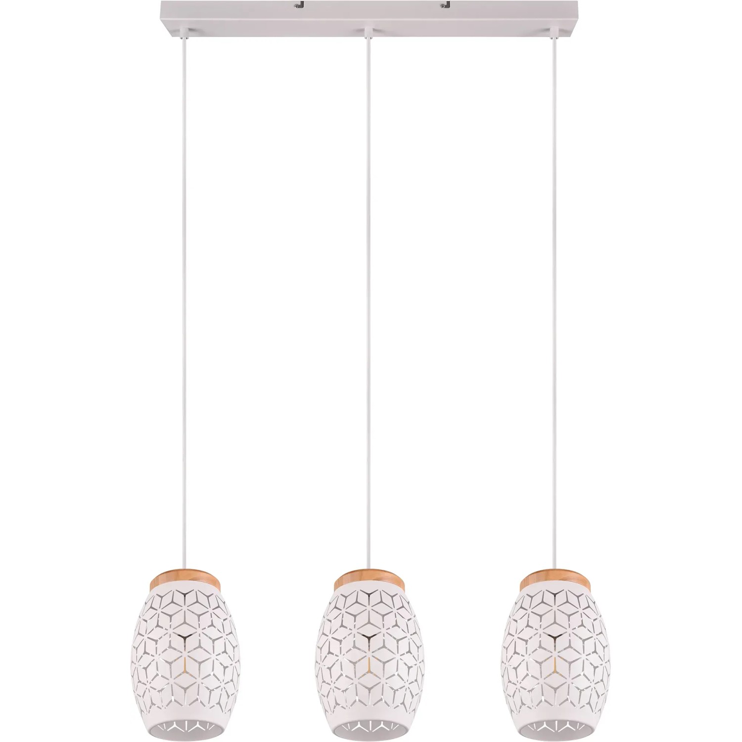 Lampada a sospensione Reality Bidar, 3 luci, bianco opaco con legno, per soggiorno.