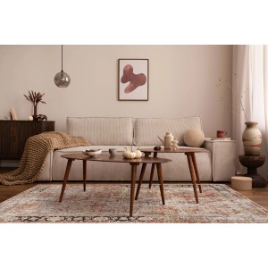 Tappeto vintage in soggiorno con divano e tavolini in legno.