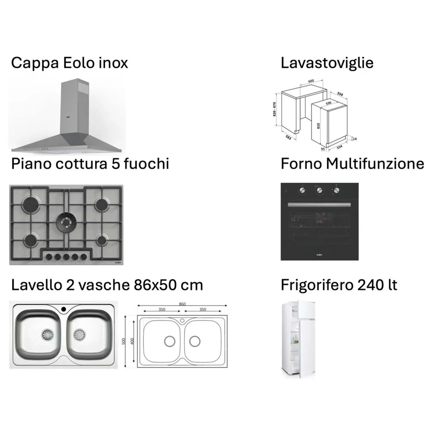 Immagine di una cucina completa con cappa aspirante, piano cottura, lavello, lavastoviglie, forno e frigorifero.