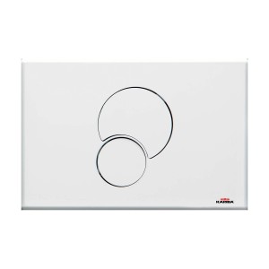 Placca di comando bianca t.b.t. per cassette WC con due pulsanti rotondi.