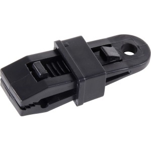 Dettaglio di una clip t.b.t. nera per forniture da giardinaggio.