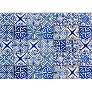 Adesivo da parete con motivo a piastrelle blu e bianche per cucina e bagno.