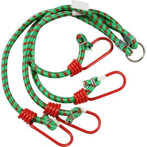Cinghie elastiche verdi e rosse con ganci per fissare carichi durante il trasporto.