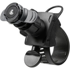 Supporto per telefono nero per il fissaggio al manubrio della bicicletta.