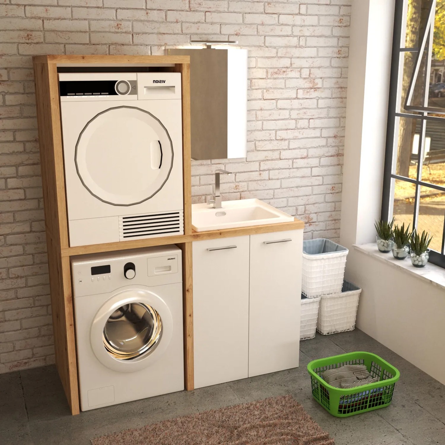 Lavatrice e asciugatrice in set di mobili da bagno. Soluzione compatta per bagni piccoli.