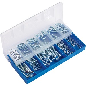 Assortimento di viti, dadi e rondelle zincate in scatola, 208 pezzi.