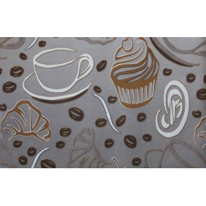 t.b.t. passatoia al metro con motivo caffetteria: tazza, muffin, croissant e chicchi di caffè su sfondo grigio.