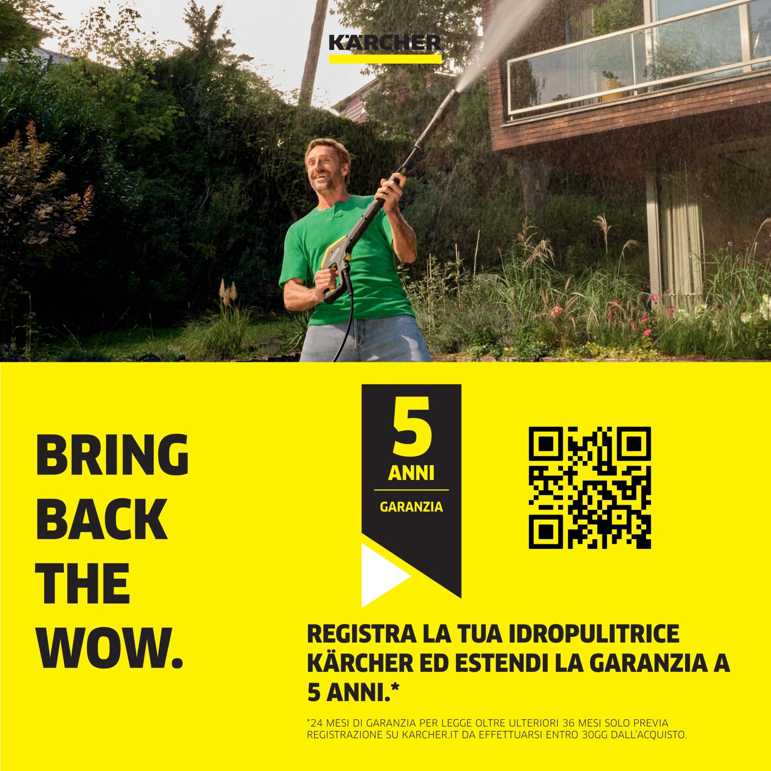 Idropulitrice Kärcher in uso con informazioni sulla garanzia.