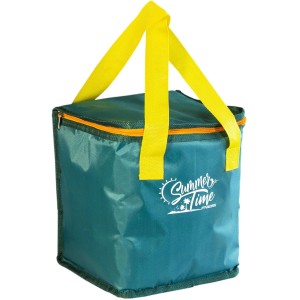 Borsa frigo verde con manici gialli e stampa "Summer Time" per campeggio e tempo libero.