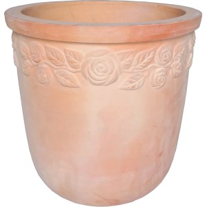 Vaso rotondo in terracotta (Ø 29 cm) con decoro a rose per giardino e balcone.