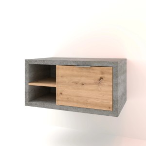 Mobile bagno moderno con effetto cemento e anta in legno. Mobile sottolavabo sospeso.