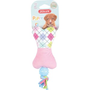 Osso rosa giocattolo per cani con palla e nodo per cuccioli.
