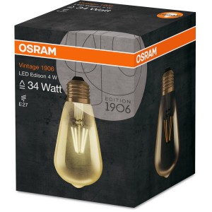 Lampadina a filamento LED Osram 1906 E27, 4W, bianco caldo nella confezione del prodotto.
