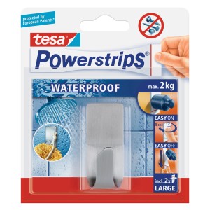Tesa Waterproof gancio adesivo in acciaio inox con Powerstrips per bagno e cucina, fino a 2 kg.