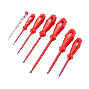 Set di 7 cacciaviti LUX VDE con manici rossi e tester di tensione.
