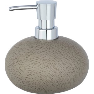 Moderno dispenser di sapone Wenko Joy Taupe in cemento con pompa cromata per bagno e cucina.