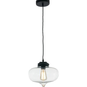 Lampada a sospensione nera con paralume in vetro trasparente, ideale come lampada a sospensione.