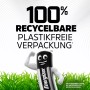 Immagine: Batteria Energizer con viso e braccia davanti all'erba, testo "100% riciclabile, imballaggio senza plastica".