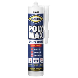 Sigillante Bostik Poly Max, cartuccia bianca con beccuccio per lavori di sigillatura e silicone.