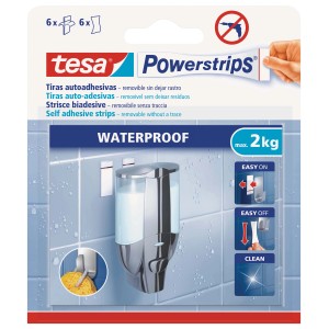 Tesa Powerstrips: Ganci adesivi impermeabili e rimovibili per accessori bagno fino a 2 kg.