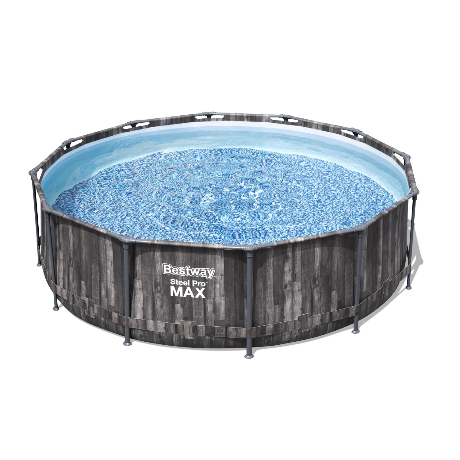 Piscina rotonda t.b.t. con struttura in acciaio e effetto legno per il giardino.
