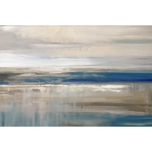 Quadri: Dipinto astratto con mare blu e cielo chiaro.