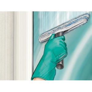 Illustrazione: mano con guanto verde pulisce un vetro con tergivetro. Ricambio per dispositivo di pulizia visibile.