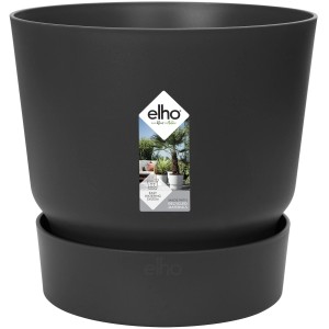 Vaso da fiori Elho Greenville nero rotondo (14 cm) con sottovaso integrato.
