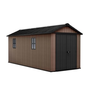 Casetta da giardino in plastica marrone con doppia porta e due finestre.