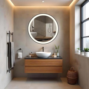 Specchio da parete rotondo con illuminazione LED in bagno moderno.