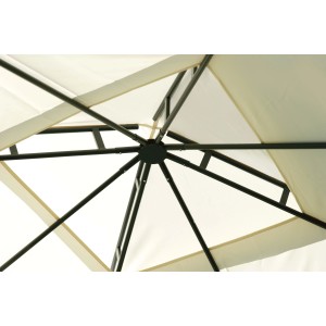 Dettaglio della struttura e del tetto del gazebo t.b.t., fotografato dal basso.